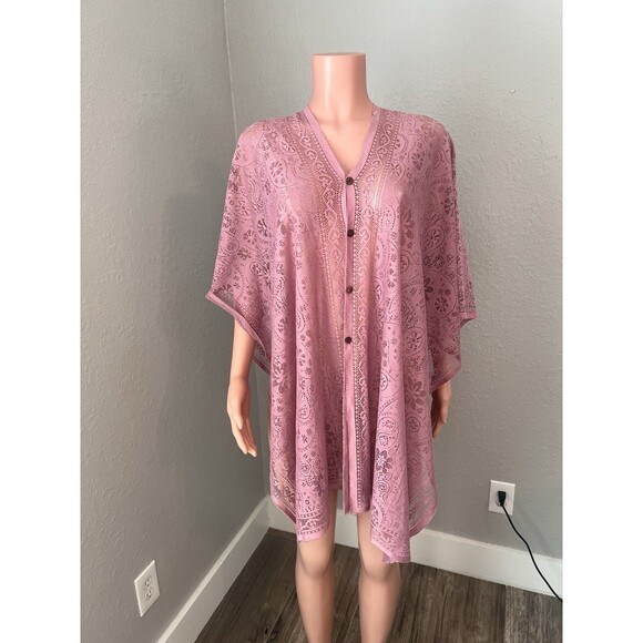 Peach pink Lace floral Open Front Kimono Beach Coverup Lightweight relaxed #211 - Picture 12 of 15